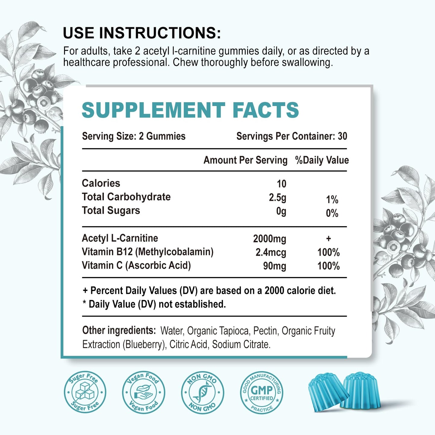 Zetelixia Acetyl L-Carnitine Gummies, L-Carnitine Supplement for Women & Men, with Vitamin C & B12, ALCAR for Energy, Brain & Heart Health Support, Vegan, Non-GMO, Sugar Free, 60 Count