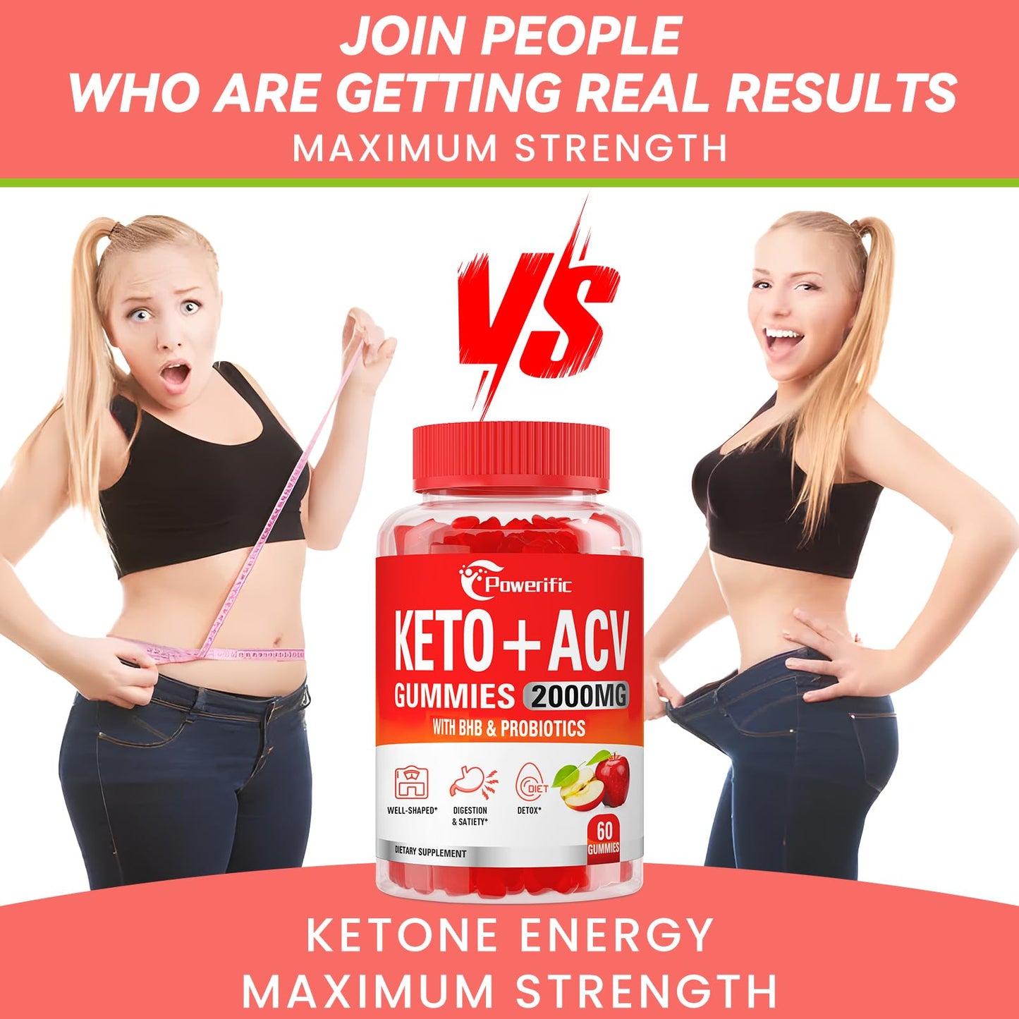 Keto ACV Gummies Apple Cider Vinegar Gummies Max Strength Advanced 2000mg ACV Gummies with Probiotics & Vitamin B12, for Digestion, Metabolism, Cleanse & Detox Diet, 60 Count