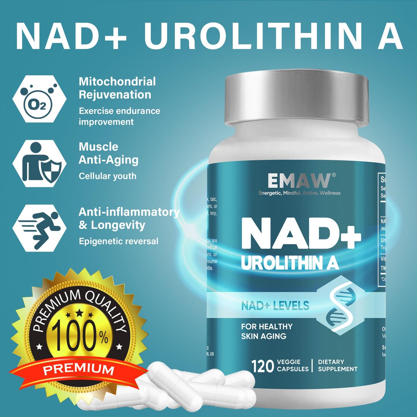 EMAW NAD+ Supplement 1500MG, 120 Capsules with Urolithin A 300MG, NMN Alternative Supports Anti Aging, Powerful Complex Blend for Cellular Repair & Brain Boost
