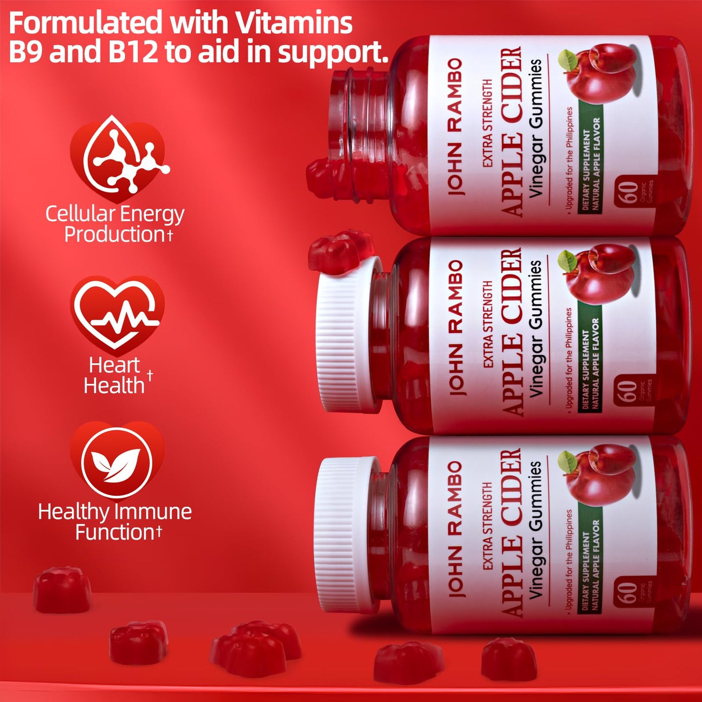 Apple Cider Vinegar Gummies for Gut Health - 60 Count - Vegan, Gelatin-Free & Non-GMO with Vitamin B12, B6, Beet Root & Pomegranate - Natural Energy & Detox Supplement