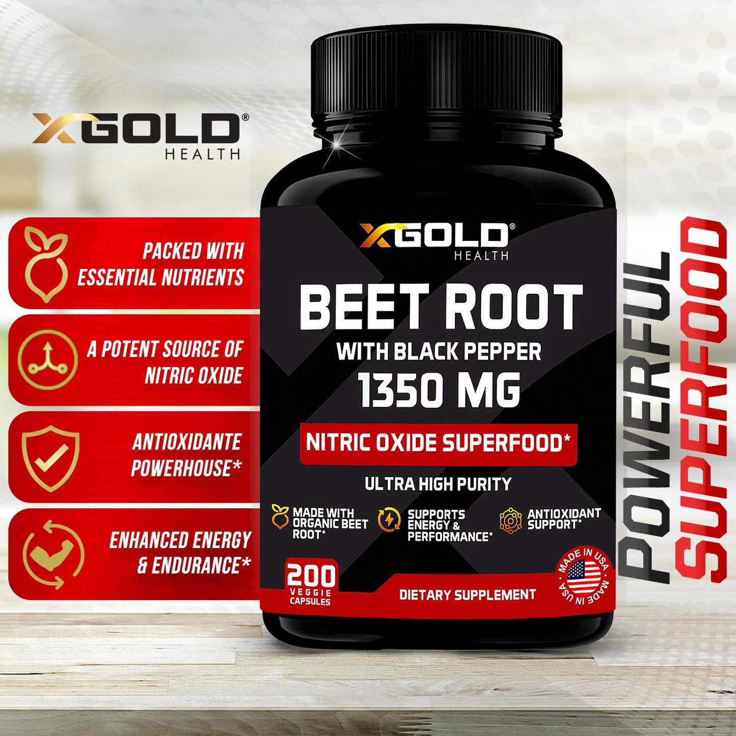 Organic Beet Root Beet Capsules 1350 mg 200 Veggie caps Superfood Nitric Oxide Strongest Premium Supplement Natural Nitrates | Black Pepper for Best Benefits | Non-GMO, & Gluten-Free | Made in USA