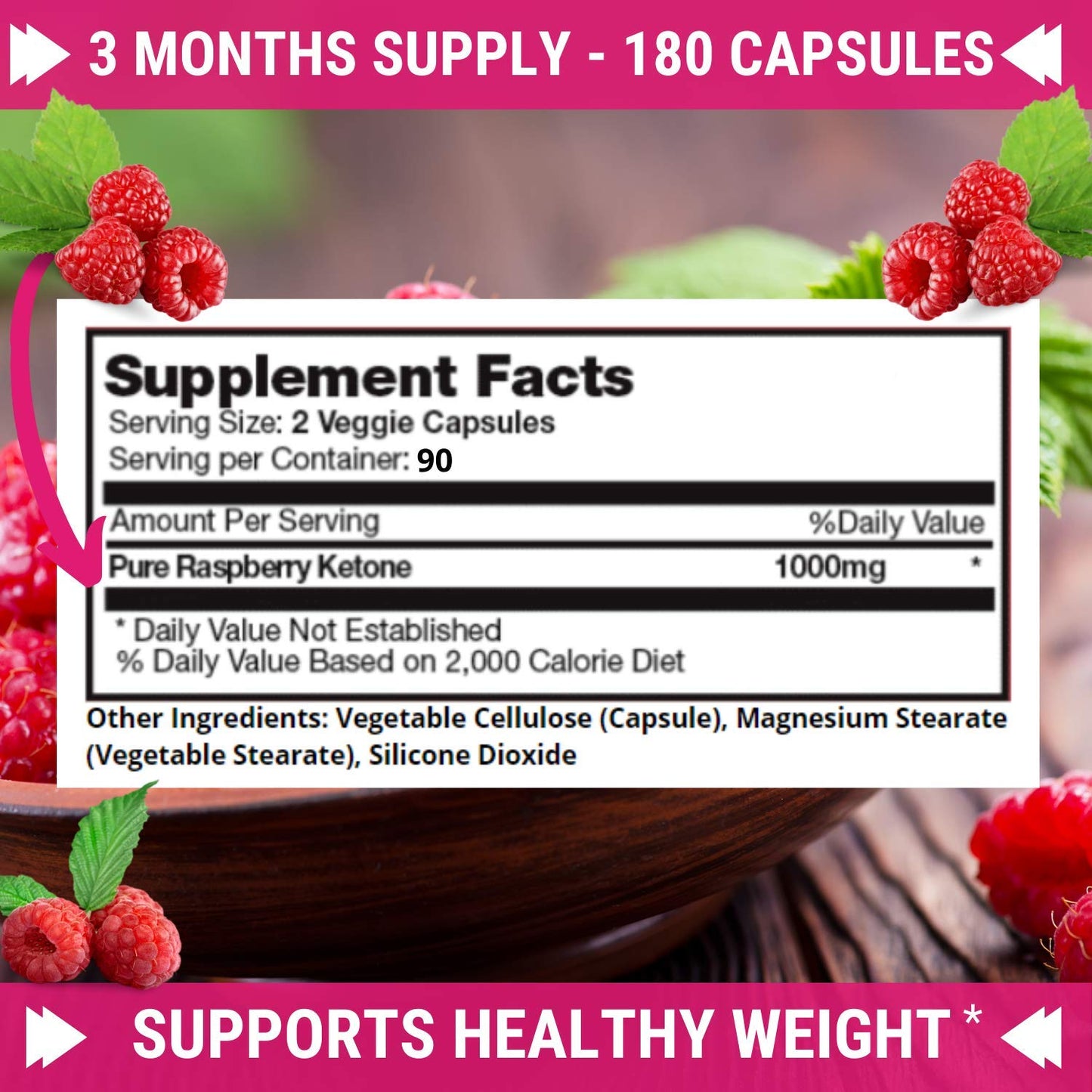 FRESH HEALTHCARE Pure 100% Raspberry Ketones Max 1000mg Per Serving - 3 Month Supply Non GMO - Advanced Weight Loss Support - 180 Capsules