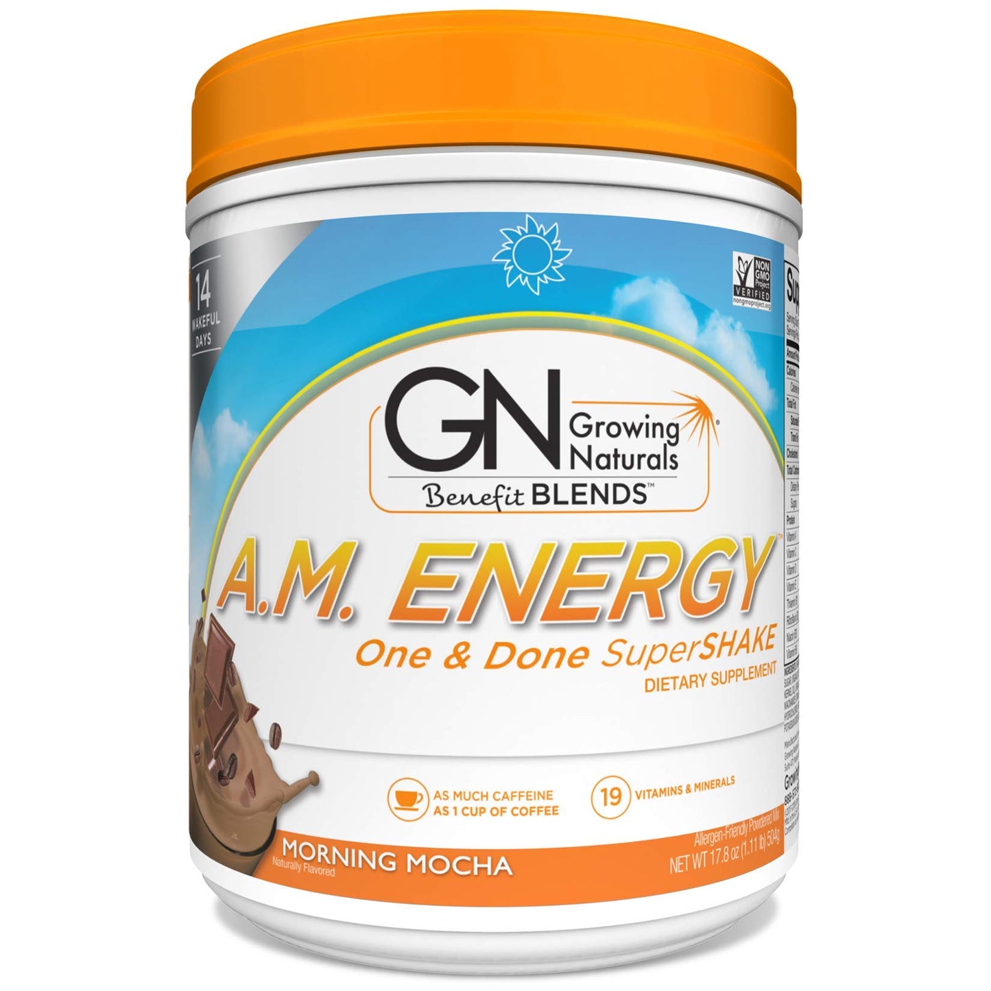 Growing Naturals All Natural Plant Based Protein, One & Done Super Shake, 18g Protein with Non-GMO High Fiber and Gluten Free, A.M. Energy 1 Pound (Pack of 1)