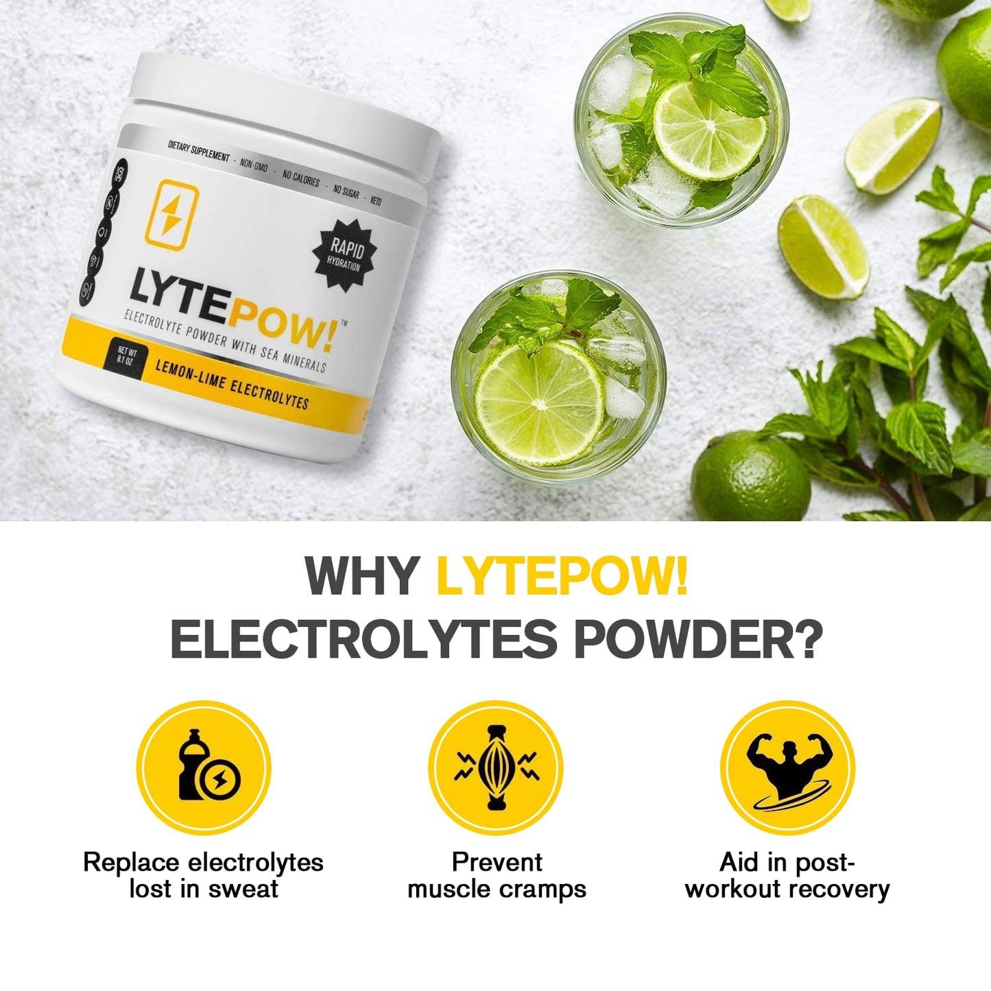LytePow Electrolytes Powder with Sea Minerals - Lemon-Lime Hydration Supplement - 90 Servings - Non-GMO, No Calories, or Sugar - Delicious Keto Replenishment Drink Mix - Perfect for Exercising