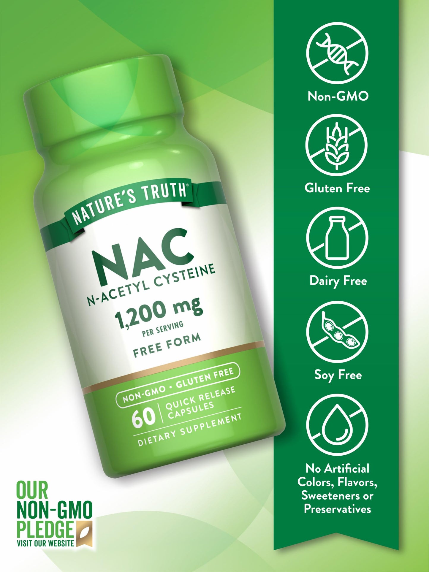 Nature's Truth NAC Supplement | 1200mg | 60 Capsules | N Acetyl Cysteine | Free Form Amino Acid | Non-GMO and Gluten Free Supplement