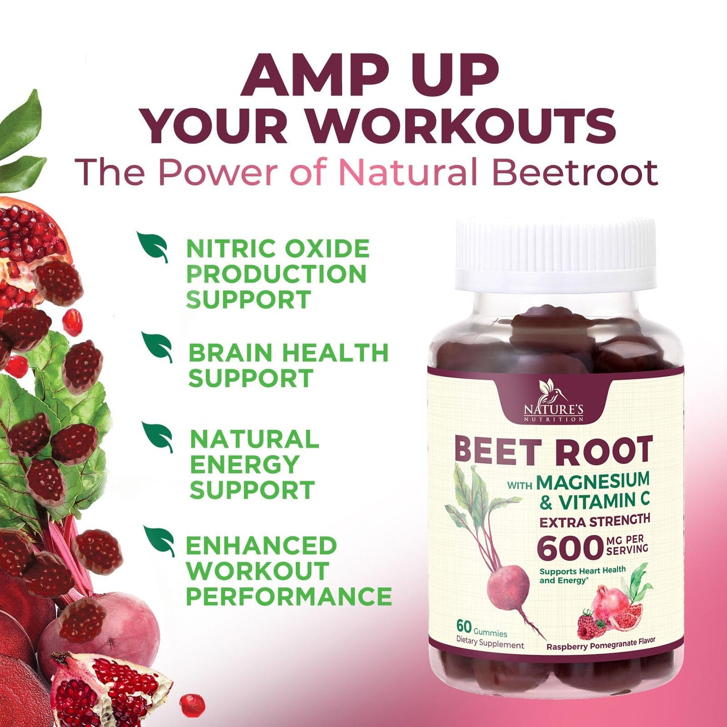 Beet Root Supplement Gummies - 500mg Per Serving with Vitamin C & Magnesium - Energy Heart Health Support, Supports Nitric Oxide Production - Gluten Free Beetroot Gummy - Berry Flavor - 60 Gummies