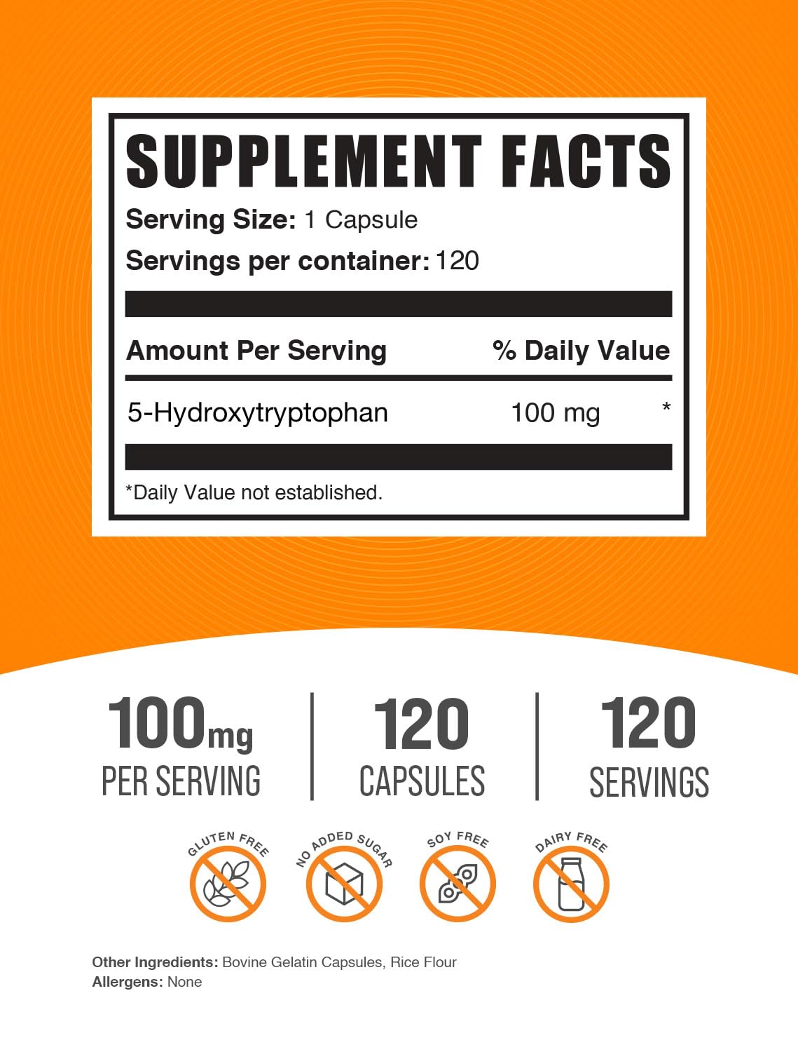 BulkSupplements.com 5-HTP Capsules - 5-Hydroxytryptophan, 5 HTP Supplement - Amino Acid Supplement, 5-HTP 100mg - Gluten Free, 1 Capsule per Serving, 120 Capsules (Pack of 1)