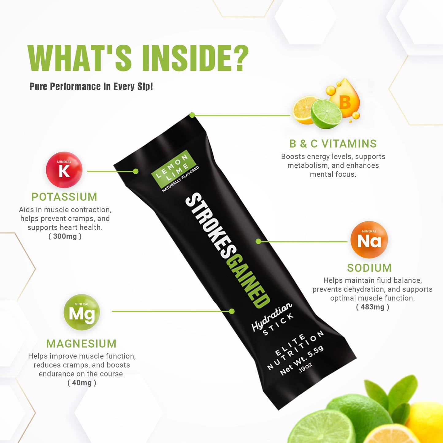 Strokes Gained Golf Hydration Lemon Lime Electrolyte Powder - Sugar Free Drink Mix Packets - Golf Accessories for Men & Women - Golf Gifts - 20 Stick Packs