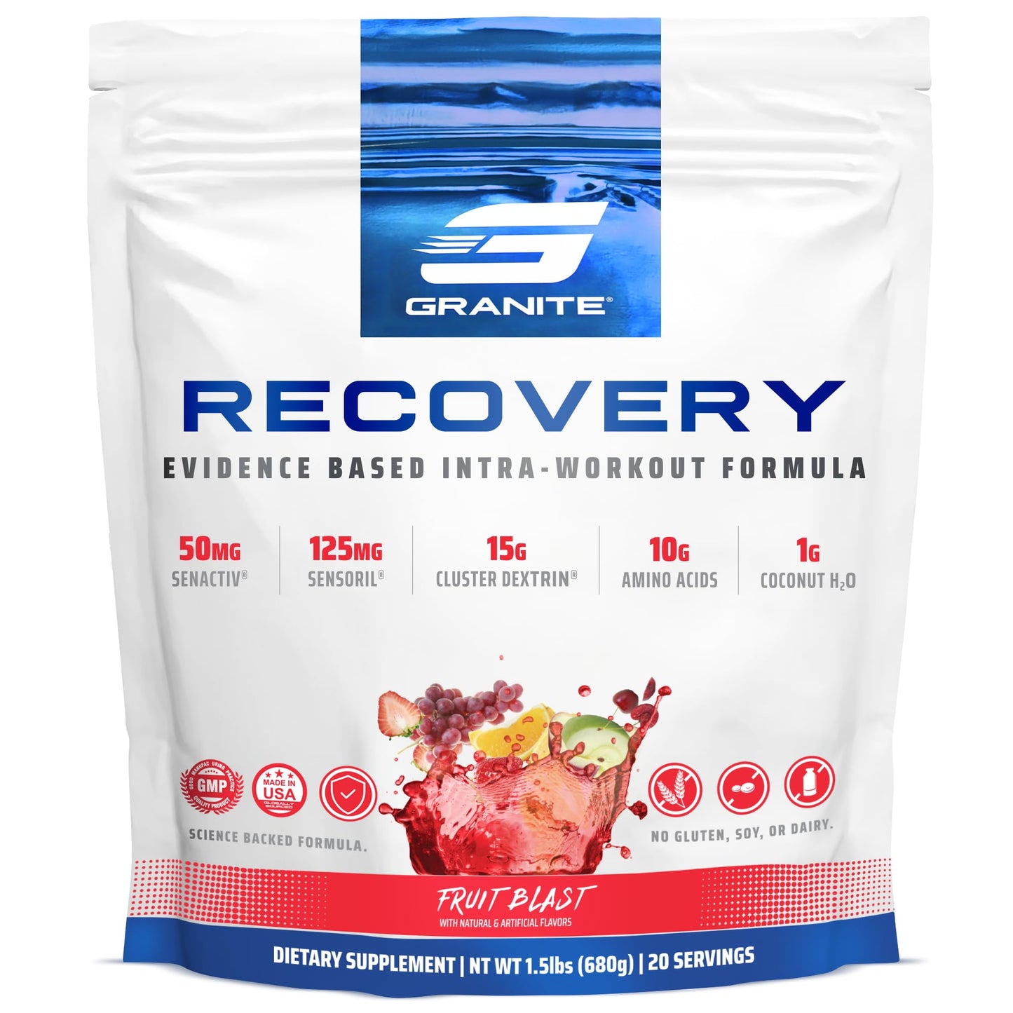 Granite Nutrition Recovery - Premium Intra-Workout Drink with EAAs, Cluster Dextrin, Sensoril & Senactiv for Athletic Performance and Lean Muscle Gains - Fruit Blast (30 Servings)