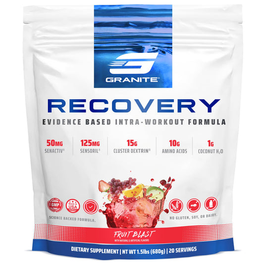 Granite Nutrition Recovery - Premium Intra-Workout Drink with EAAs, Cluster Dextrin, Sensoril & Senactiv for Athletic Performance and Lean Muscle Gains - Fruit Blast (30 Servings)