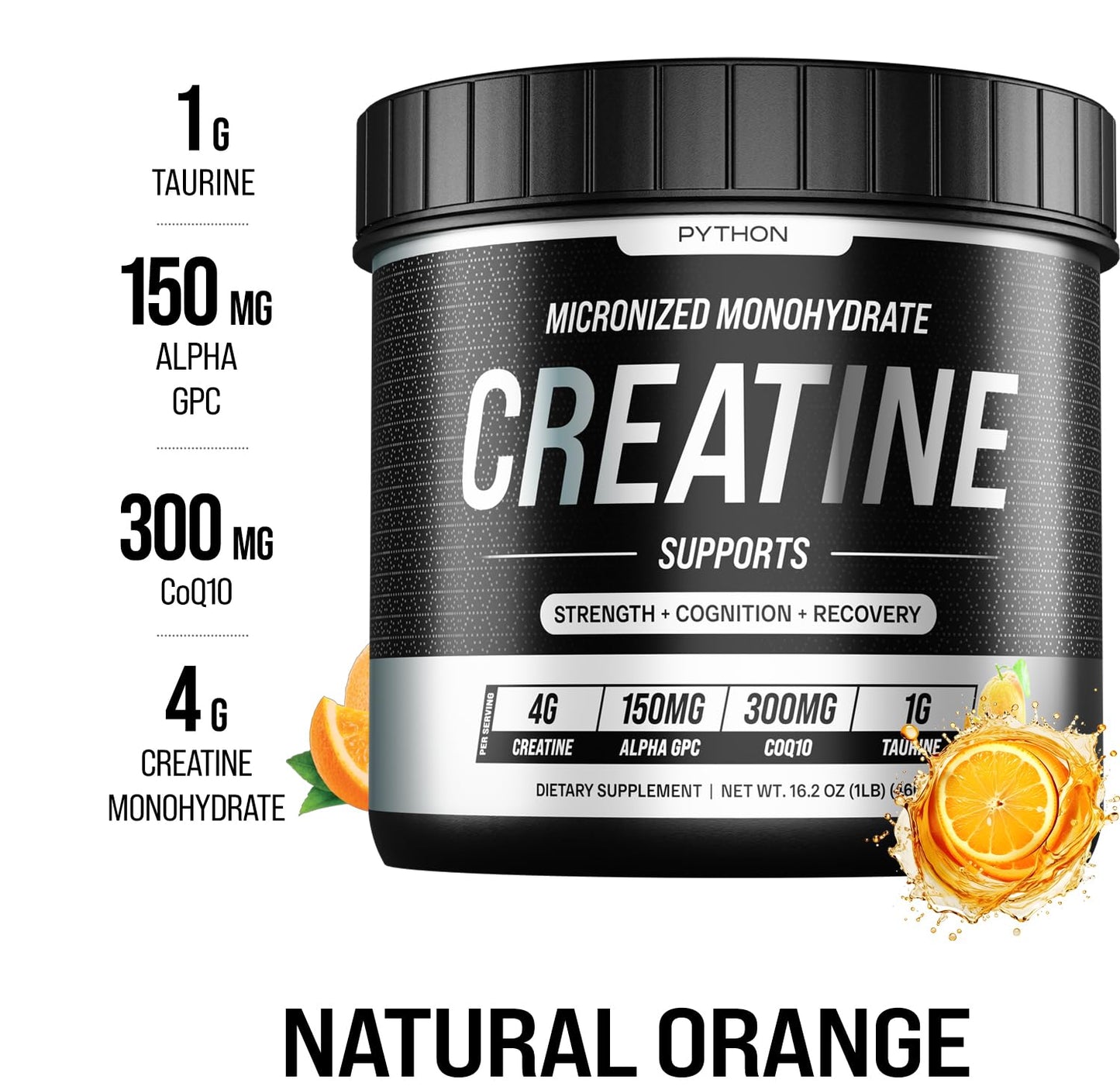 Python Creatine Monohydrate Gummies 5800mg per Serving - Taurine, Alpha GPC, CoQ 10, Magnesium Electrolytes & Vitamins - Faster Muscle Growth, Recovery - Gluten-Free, Vegan (Natural Orange, 120 Count)