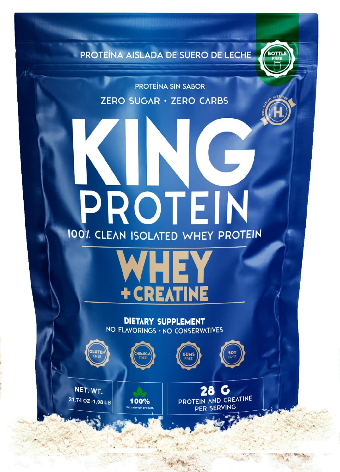 KING Protein Clean Unflavored Whey Isolate Protein Powder with Creatine | 23g plus 5g Creatine & Organic BCAA per Serving | 100% Natural | No Carbs | Preservatives, GMO, Soy & Gluten Free, 30 Servings