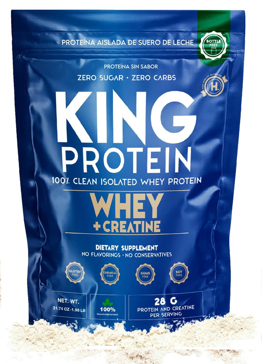 KING Protein Clean Unflavored Whey Isolate Protein Powder with Creatine | 23g plus 5g Creatine & Organic BCAA per Serving | 100% Natural | No Carbs | Preservatives, GMO, Soy & Gluten Free, 30 Servings