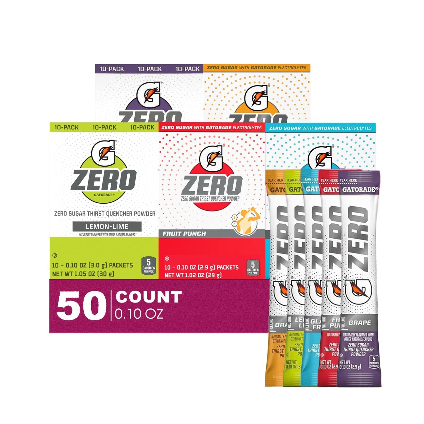 Gatorade ZERO Collection 50- Count of Thirst Quencher Electrolyte Enhanced Sports Drink Powder 0.10oz Packet