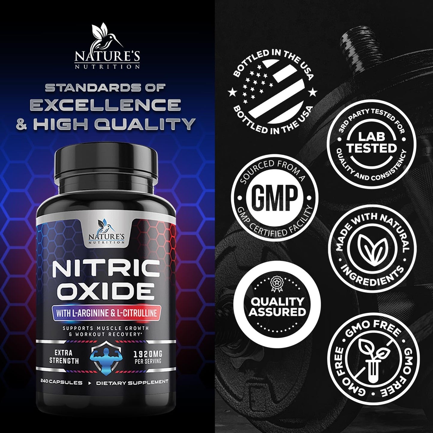 Nitric Oxide Booster Extra Strength - L Arginine 3X Strength Nitric Oxide Support Supplements for Men and Women, Citrulline Muscle, Heart Health, & Energy Support Supplement, Non-GMO - 240 Capsules