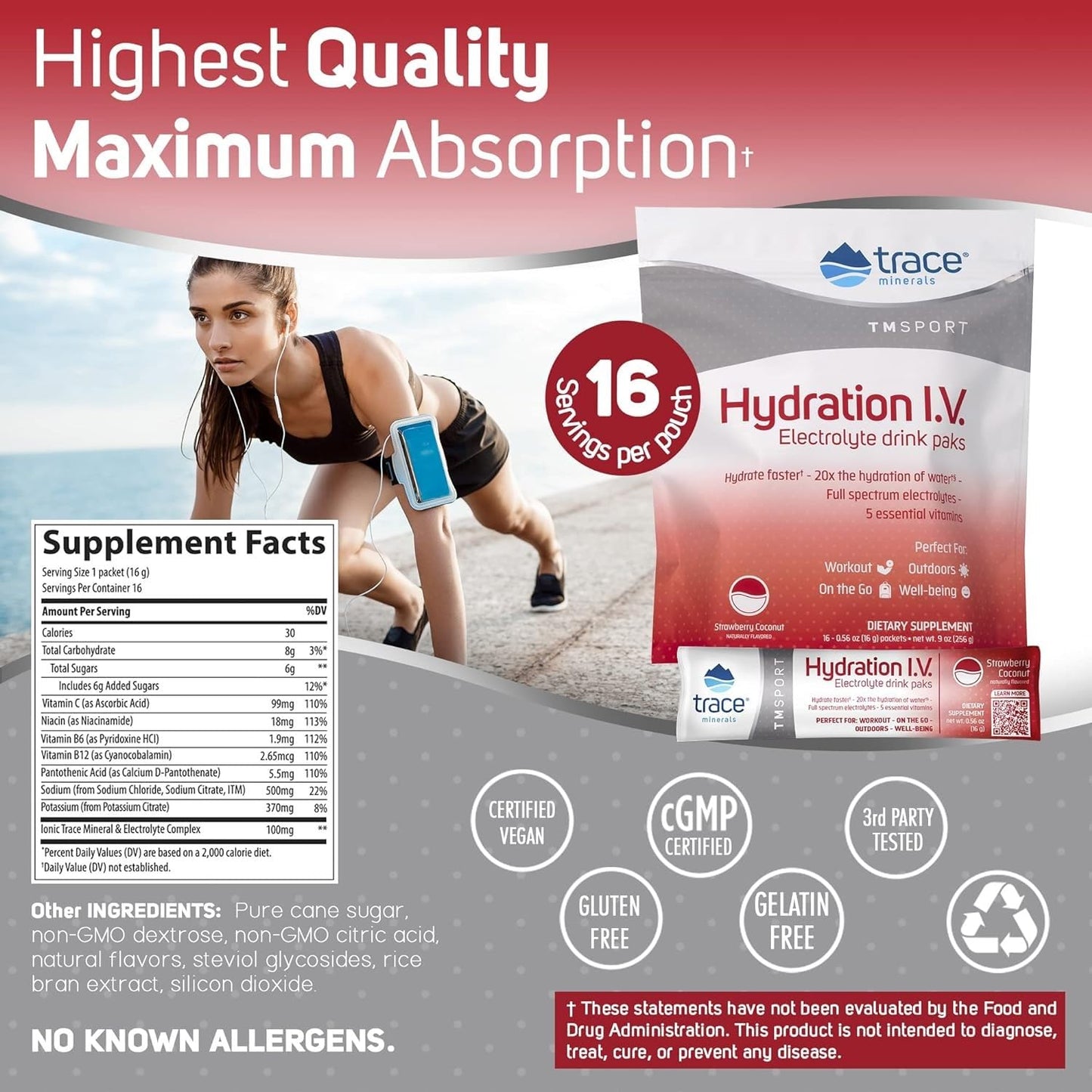 Trace Minerals | Hydration I.V. Electrolytes Powder Packets | Full Spectrum Recovery Mineral Mix for Rapid Rehydration, Natural Energy and Muscle Stamina | Strawberry Coconut | 16 Travel Packs