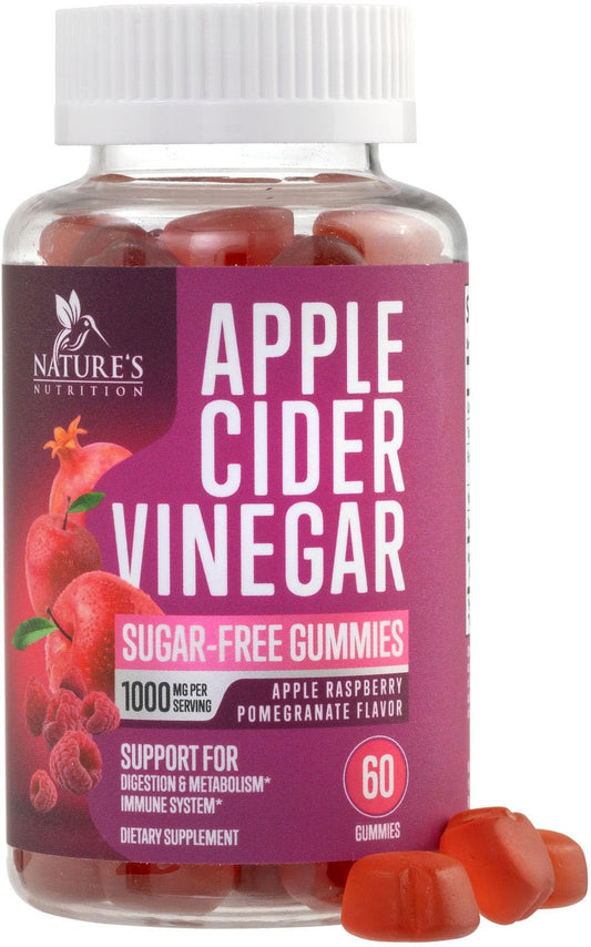 Apple Cider Vinegar Gummies Sugar Free 1000mg for Cleanse, ACV Gummy Vitamin B12 for Digestion Energy & Immune Health Support, Natural Premium Apple Raspberry Flavor, Non GMO & Vegan - 60 Gummies