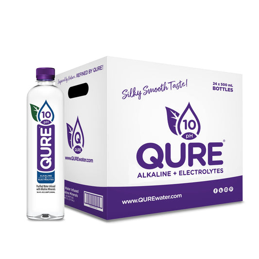 QURE Water Premium 10 pH Ionized Alkaline Bottled Water Silky Smooth Taste Infused with Electrolytes 169 fl oz 500 mL Pack of 24