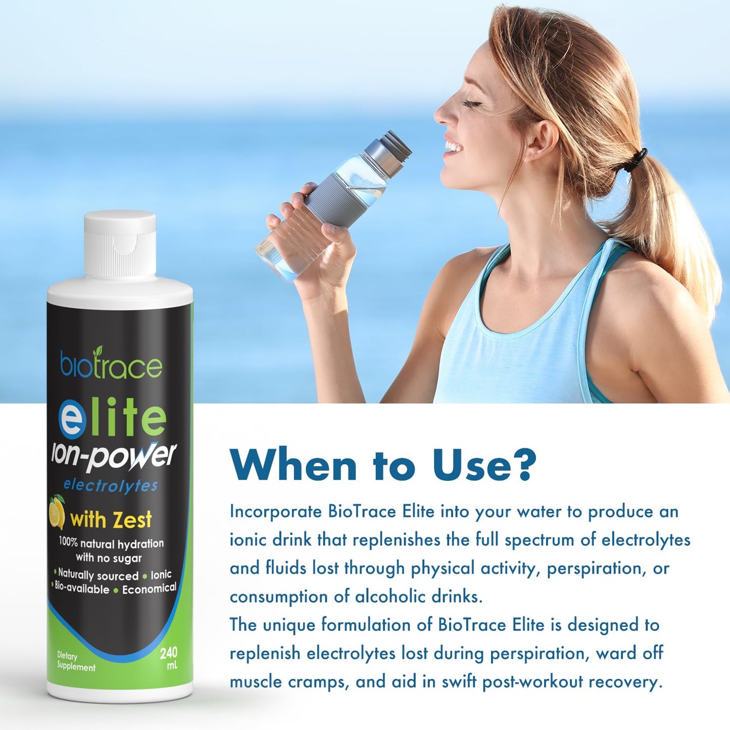 biotrace Elite Electrolytes Supplement Drops | Zest Tast | 0 Calories Sugar for Immune Support, Rapid Hydration, Workout, Muscle Recovery | 30%+ More Potassium, Magnesium Electrolyte Drop | 8.1 fl oz