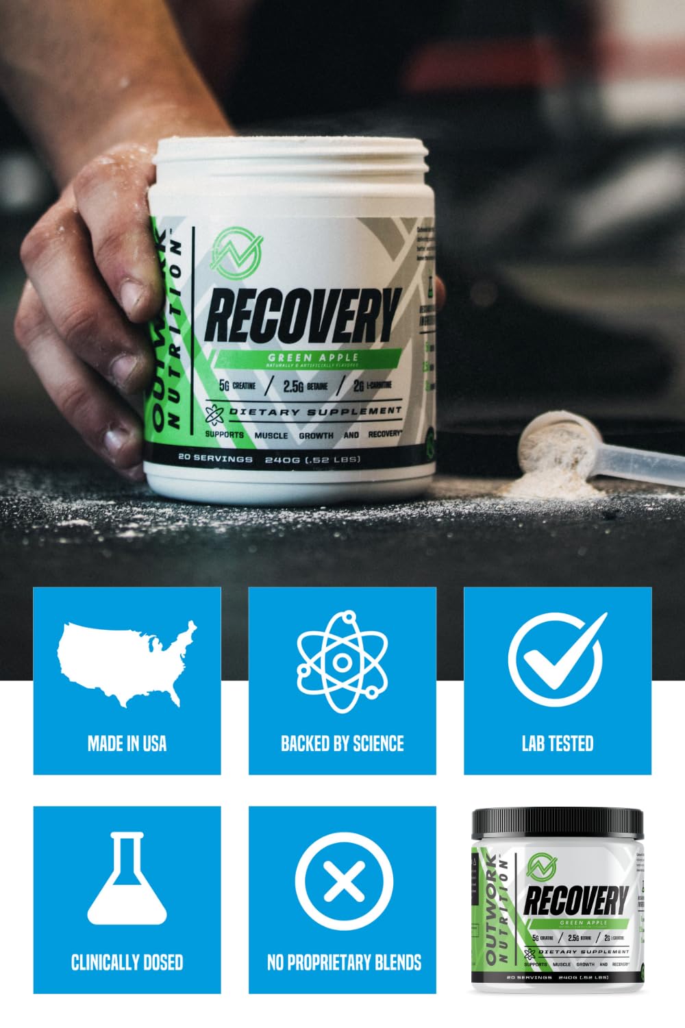 Outwork Nutrition Recovery Supplement, Post Workout Recovery Powder & Muscle Builder for Men and Women, Recharge Muscles After Gym, Backed by Science, Green Apple, 240 Gr