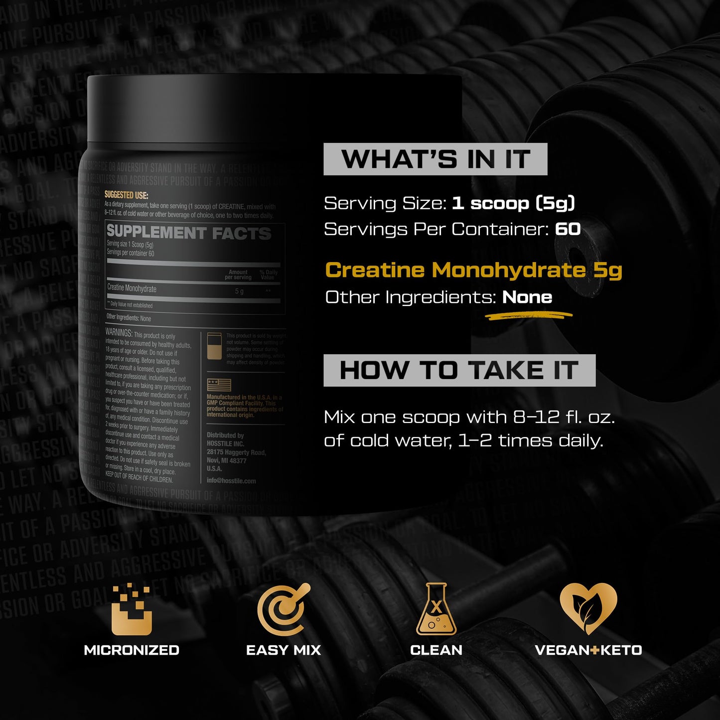 HOSSTILE Creatine, Micronized Creatine Monohydrate Powder for Men & Women, Improve Muscle Size, Strength & Power Output, Post Workout Recovery Drink, Unflavored, 60 Servings