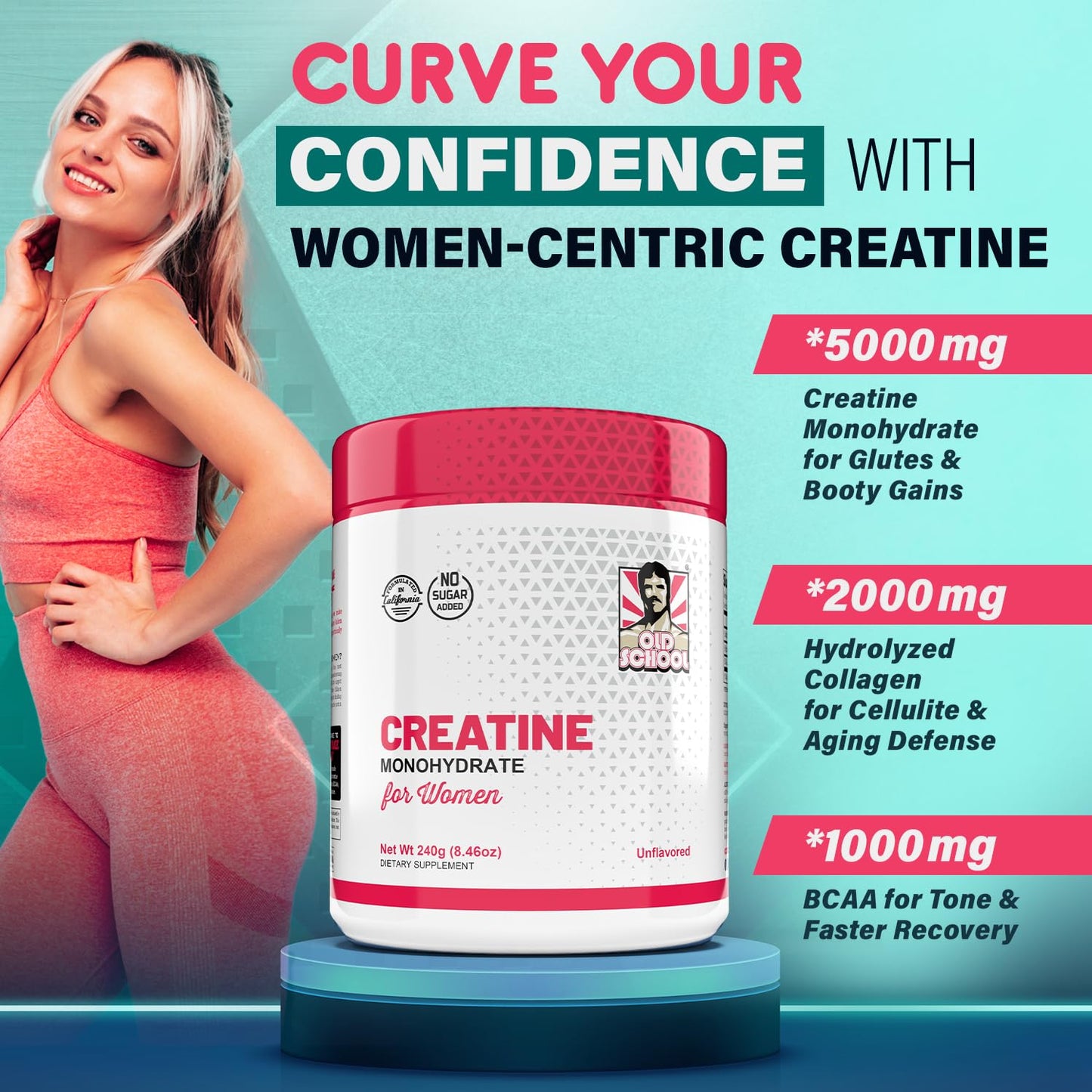 5000mg Creatine Monohydrate Powder Optimized for Women +2000mg Collagen +1g BCAA 2:1:1 (No Fillers) Supports Lean Muscles & Recovery, Pump, Energy & Stamina - Micronized, Natural & Made in USA