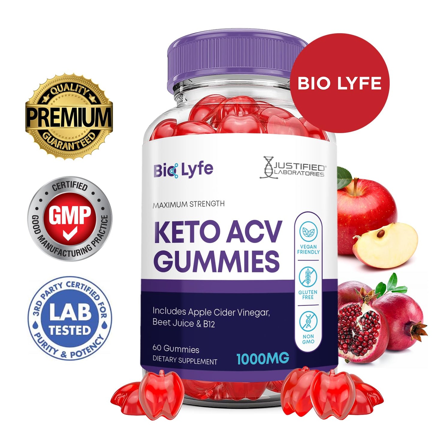 (3 Pack) Bio Lyfe Keto ACV Gummies Advanced Formula 1000MG Biolyfe Keto Gummies Apple Cider Vinegar Formulated with Pomegranate Beet Juice Powder B12 Vegan Non GMO 180 Gummys