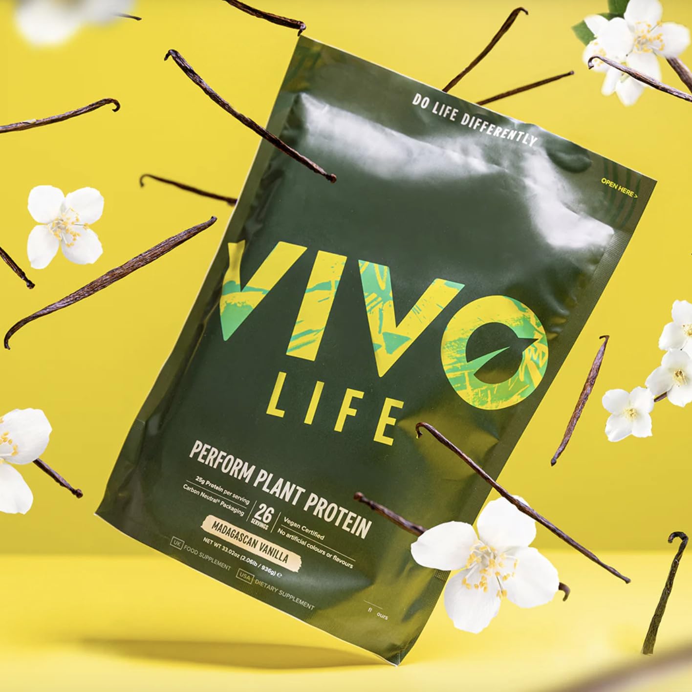 VIVO Life Perform - Raw Vegan Madagascan Vanilla Protein Powder | Pea & Hemp Protein Blend with BCAA | Gluten & Soy Free Protein Shake (33 oz)