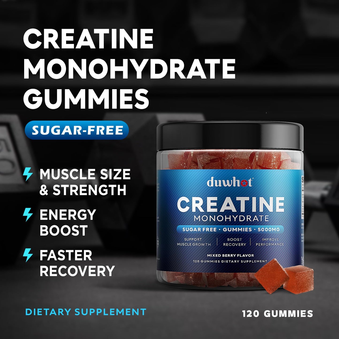 duwhot Creatine Monohydrate Gummies for Men, Creatine Monohydrate 5g Chewables for Muscle Growth & Recovery, Vegan, Sugar Free, Mixberry Flavor, 120 Count