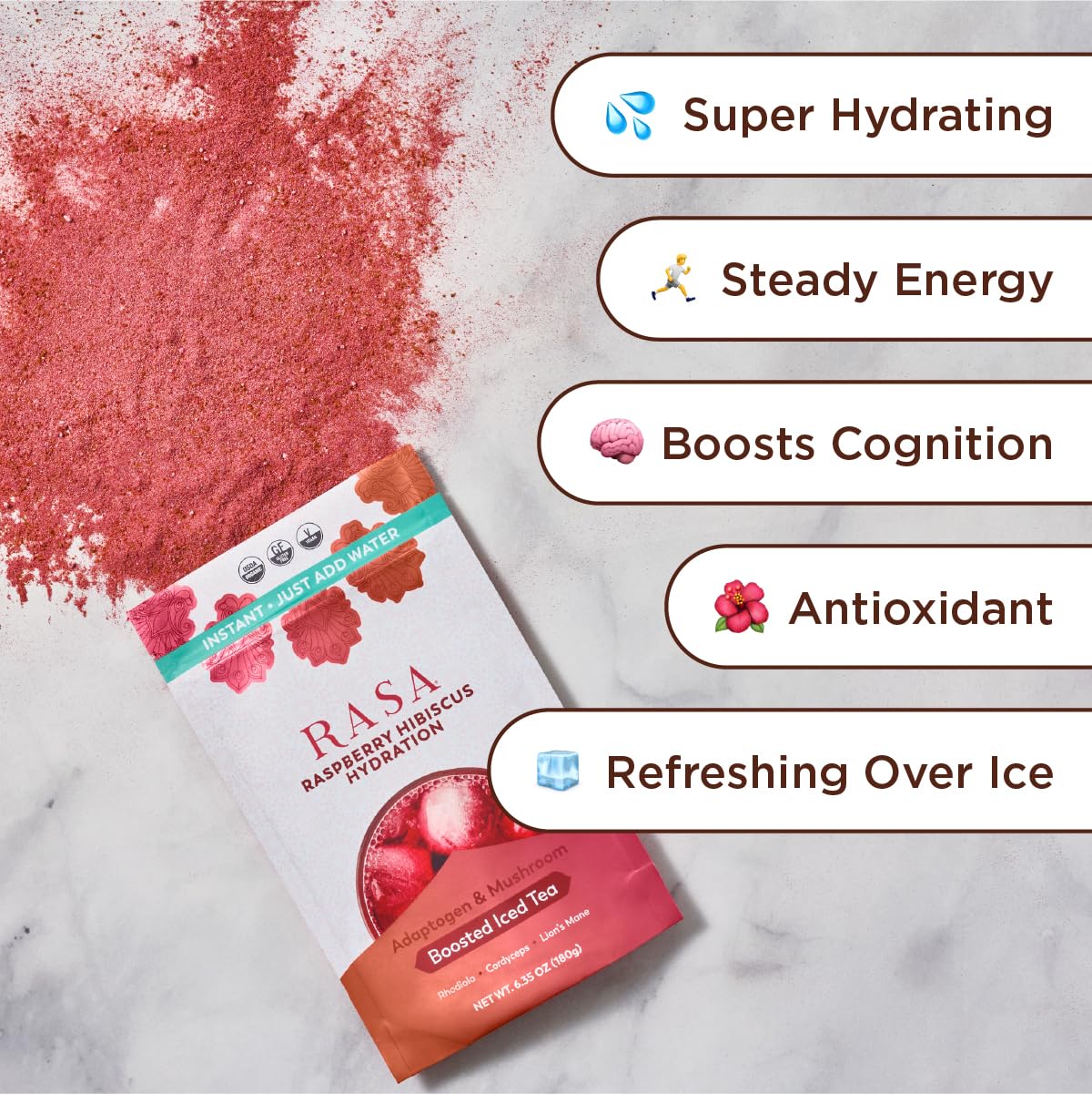 Rasa Raspberry Hibiscus Hydration | Organic Boosted Iced Tea with Adaptogens and Mushrooms | Gluten-Free, Premium Electrolyte Powder Drink Mix, Refreshing Hydration (6 oz / 24 Servings)