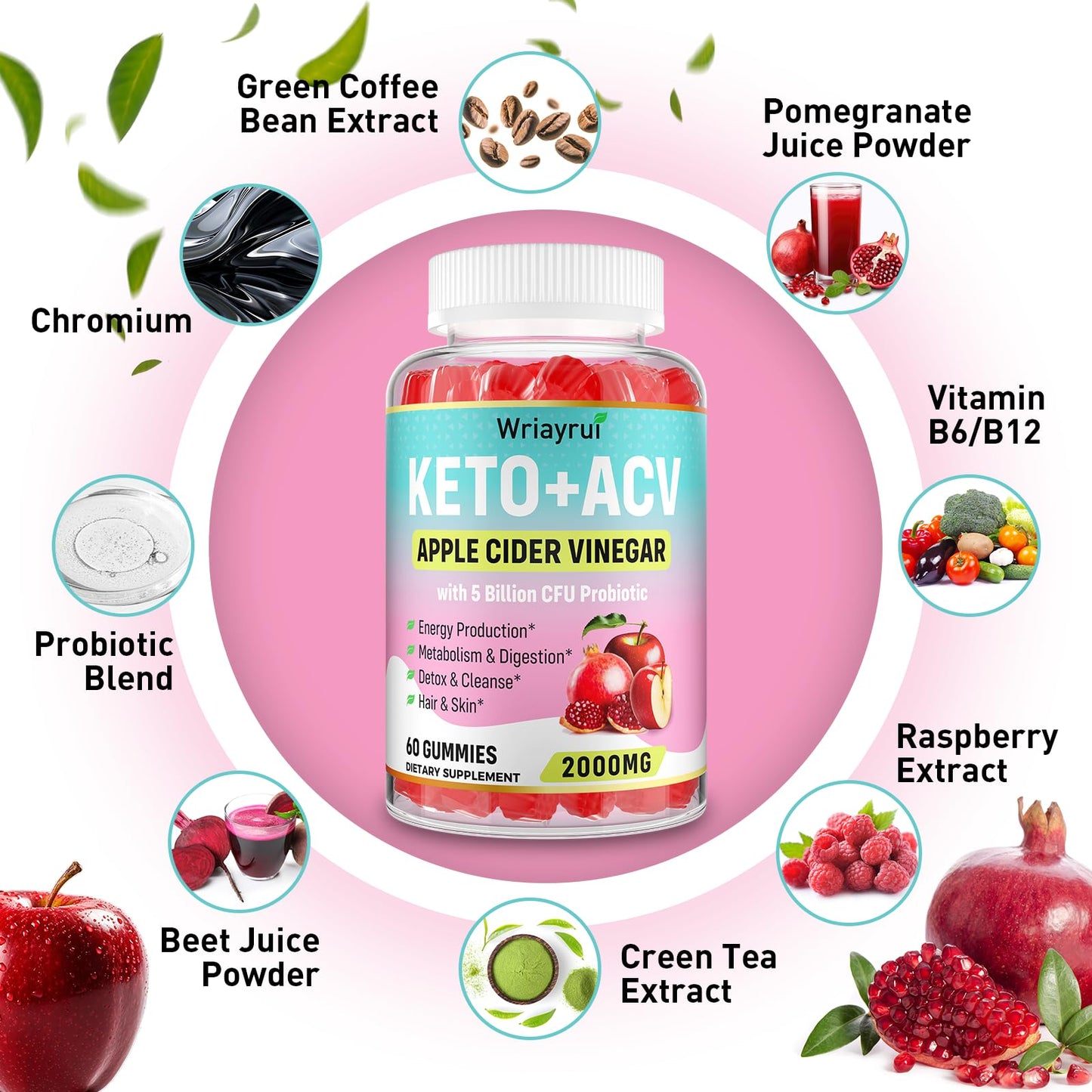 Wriayrui Keto ACV Gummies with Probiotics & Vitamin B12, 2000mg Apple Cider Vinegar Gummies with Mother, for Metabolism, Digestion, Detox & Cleanse, Sugar Free, Vegan-Friendly, 120 Gummies