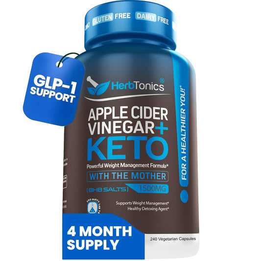 Herbtonics GLP-1 Support Supplement - Apple Cider Vinegar Capsules & Keto BHB | Keto Diet Pills for Women & Men | Supports Appetite & Metabolic Function | 240 Keto ACV Capsules