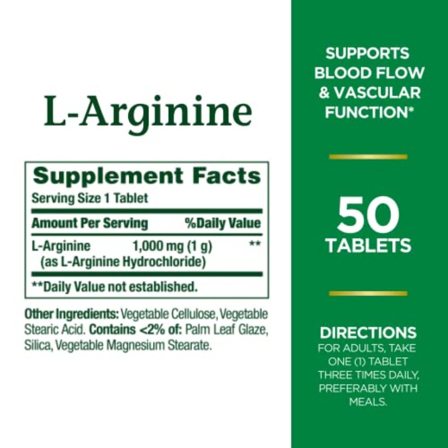 Nature’s Bounty L-Arginine 1000mg for Supporting Blood Flow and Vascular Function - Non-GMO, Gluten Free, 50 Tablets