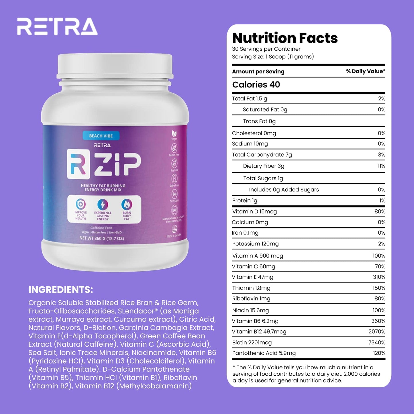 RETRA Cleanse Zip Canister - Beach Vibe (Mango Pineapple Flavor) Caffeine Free - 2.07 Ounce