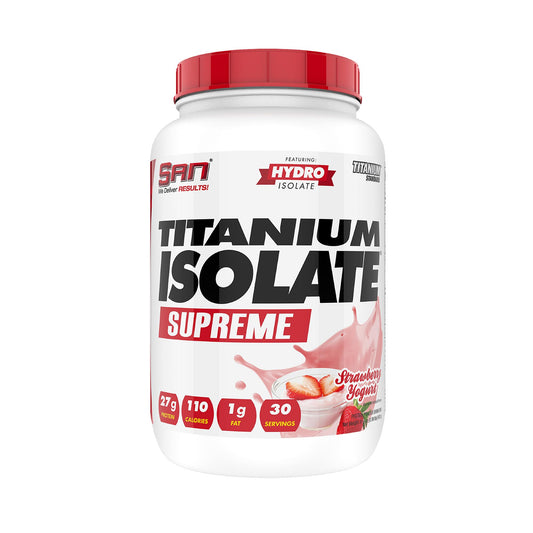 SAN Titanium Isolate Supreme Whey Protein Powder - Strawberry Yogurt Flavor, 1.99 lbs, 27g Protein, 1g Carbs, 30 Servings, Low-Calorie, Muscle Recovery