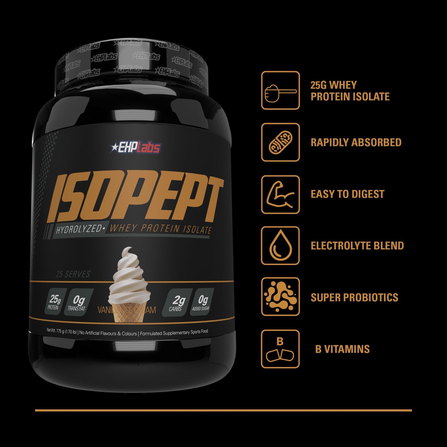 IsoPept Hydrolyzed Whey Protein Powder by EHPlabs - 100% Whey Protein Isolate & Hydrolysate, 27g of Protein, Non-GMO, Gluten Free, Fast Absorbing, Easy Digesting, 27 Serves (Vanilla Ice-Cream)