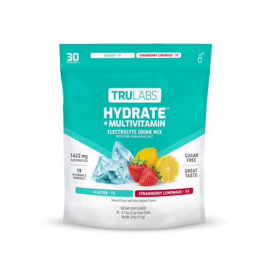 TRULABS Hydrate + Multivitamin 30ct - 2 Flavors - Glacier & Strawberry Lemonade. Sugar Free Electrolytes Hydration Packets. Each Serving Contains 1422 mg of Electrolytes &19 Vitamins & Minerals.