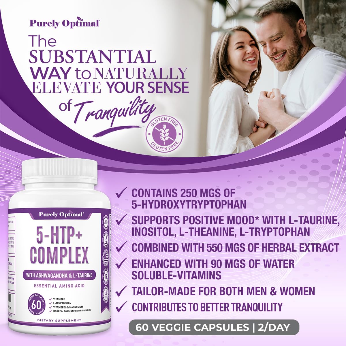 Premium 5-HTP Plus Supplement 250mg Maximum Strength - Sleep Aid, Mood Boost, Promotes Calm & Relaxation, Stress Management Support - Enhanced with Vitamin B6, Gluten Free, Non-GMO, 60 Veggie Caps