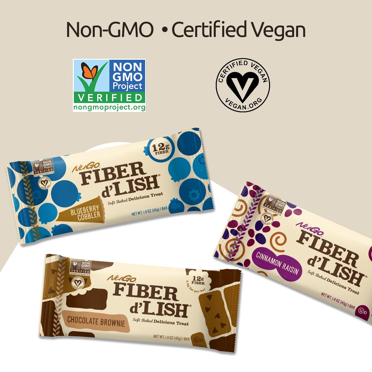 NuGO Fiber d'Lish Cinnamon Raisin, 12g High Fiber, Vegan, 150 Calories, 1.6 Ounce , 16 Count(Pack of 1)