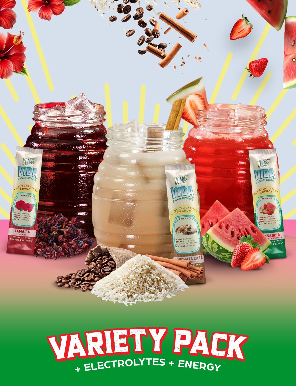 KLASS VIDA Hydration + Energy Sugar-Free Powder Packets |Electrolyte Agua Fresca Drink Mix, Caffeine & Theanine |Hibiscus, Horchata, Strawberry Watermelon |15 Single Serve Sticks |Low Calorie