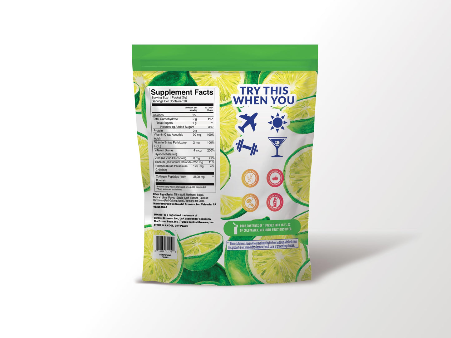 The Frozen Bean Harmony Proteins- Sunkist Collagen Drink Mix - Hydration Limeade Electrolyte Drink for Women with Vitamin C, Zinc, Collagen Peptides, Naturally Flavored - 20 Pack