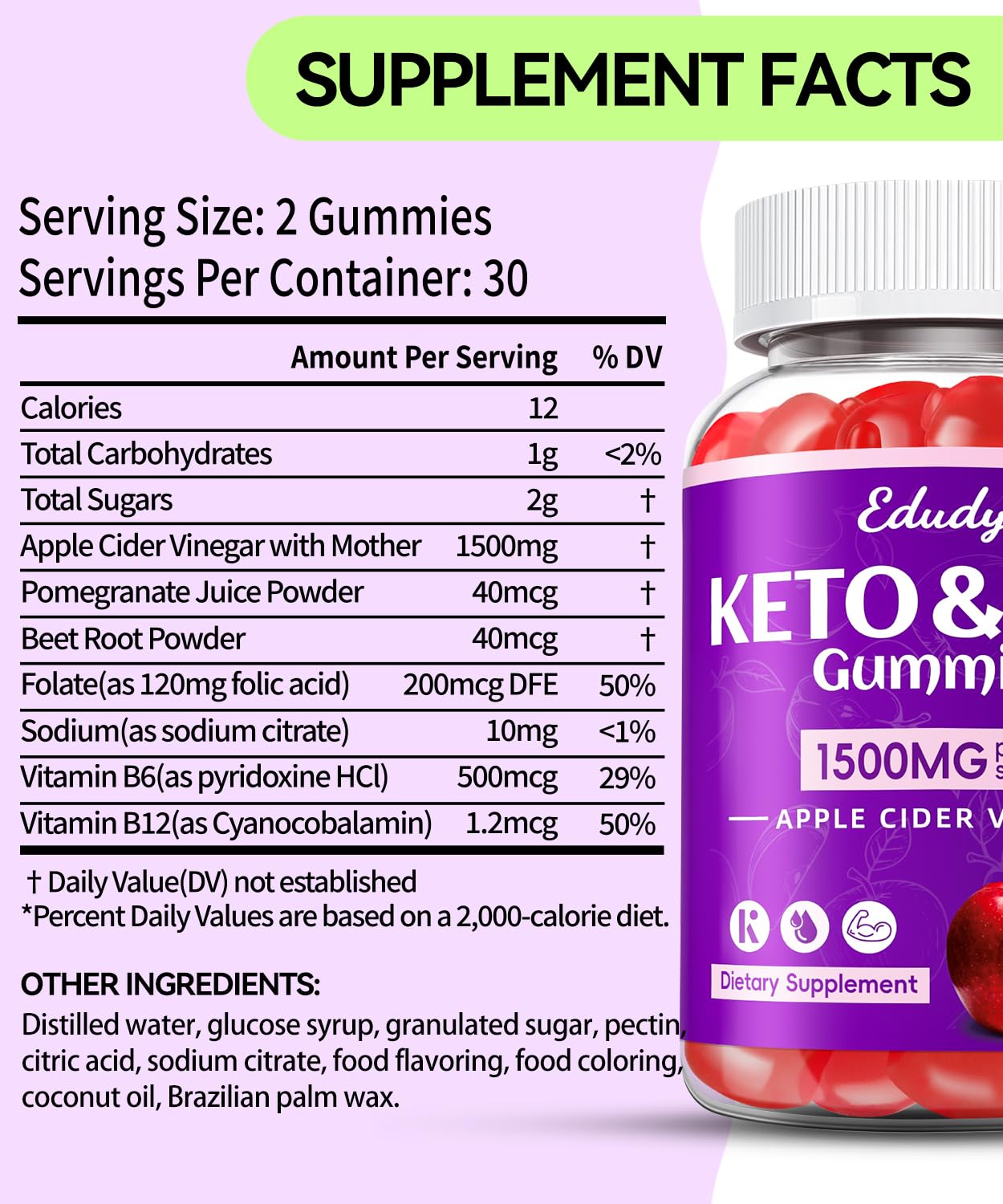 Keto ACV Gummies with B12 B6 - 1500 mg Apple Cider Vinegar Supplement with Pomegranate and Beet Juice, Vegan & Gluten-Free, 480 Gummies for Men & Women