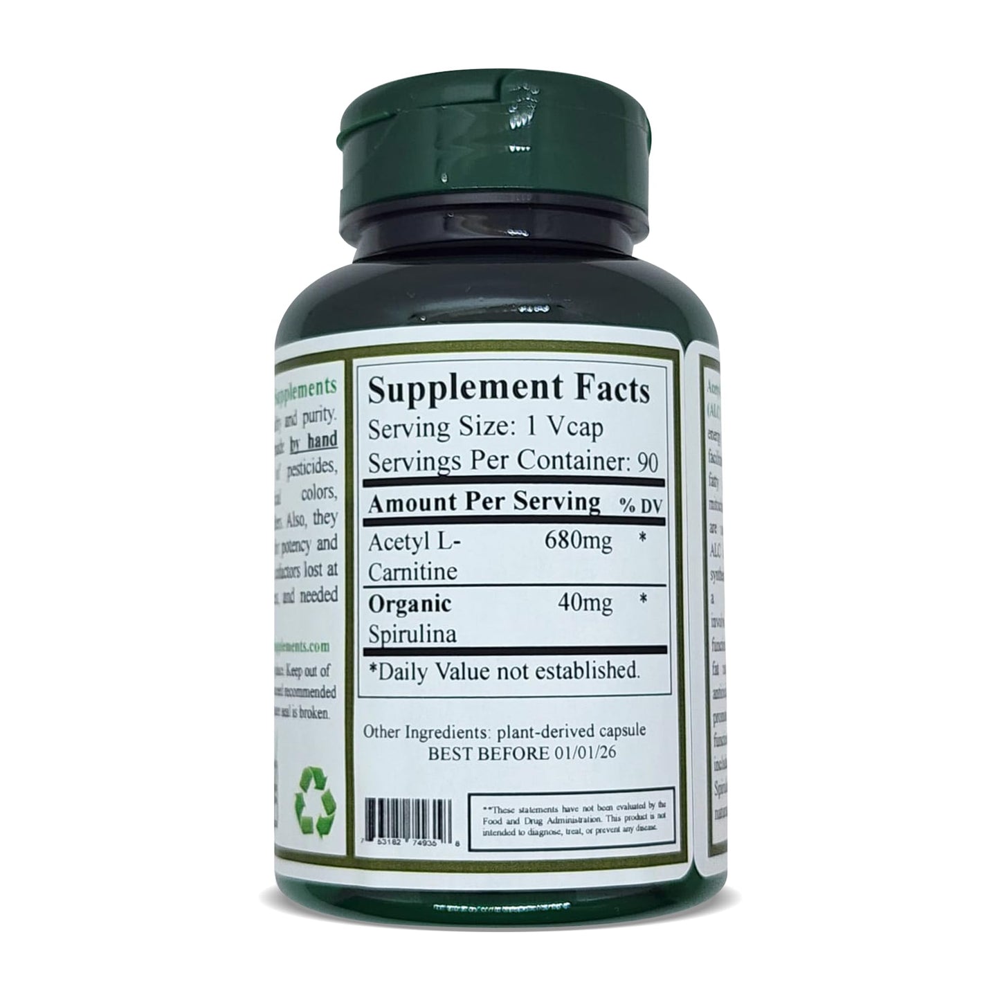 Green Organic Supplements Acetyl L-Carnitine, Carnitine, ALC, 90 VCaps, High Absorbable, Non-GMO, Gluten-Free (Single)