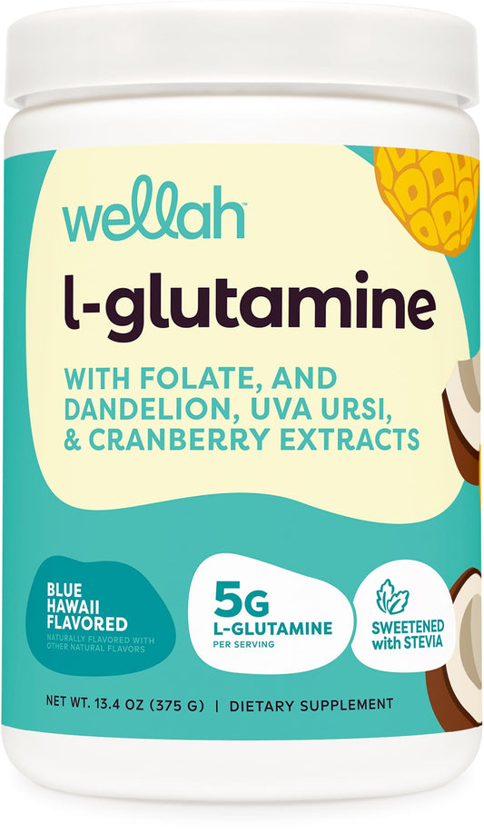 Wellah L-Glutamine Powder Blue Hawaii (50 Servings) - 5g L-Glutamine Per Serving, Sweetened with Stevia