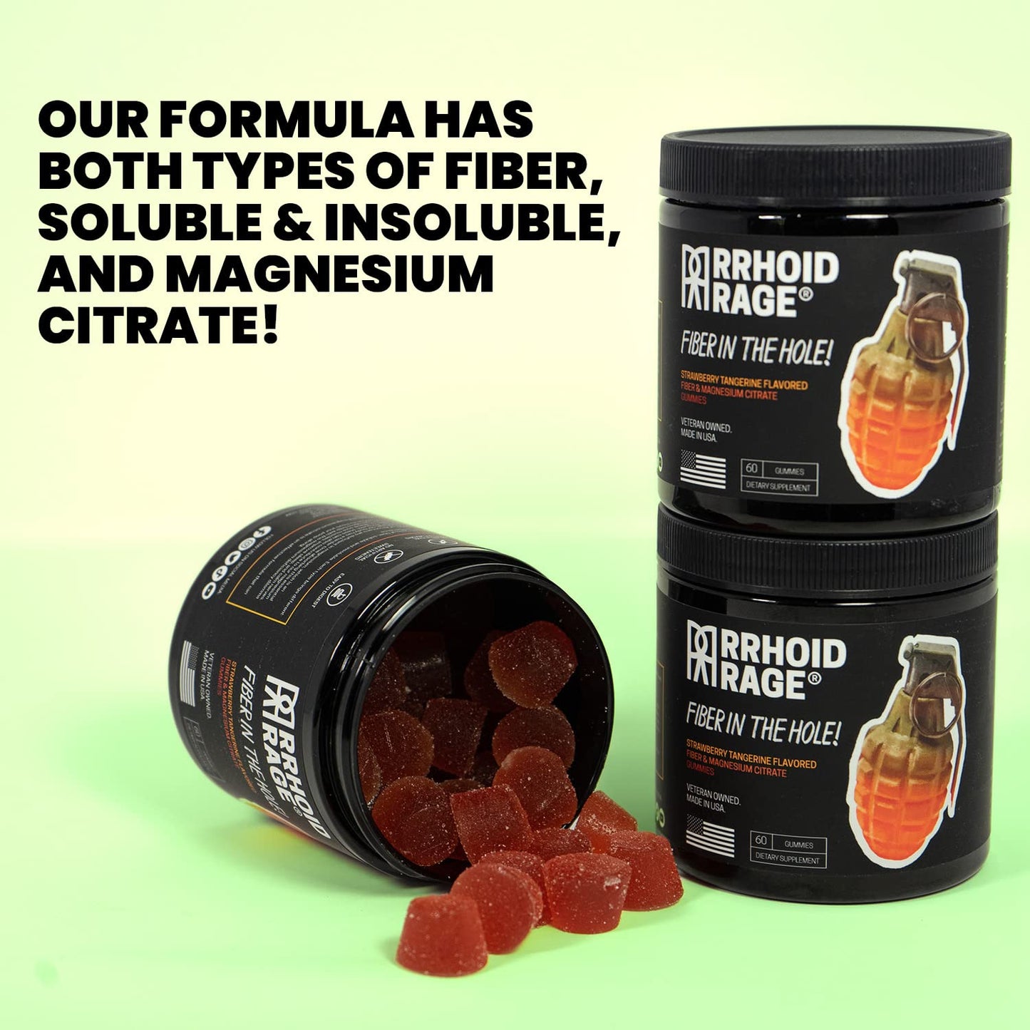 Rrhoid Rage - Fiber and Magnesium Gummies, Made in USA, Supports Digestive Health, Relieves Constipation, Helps Prevent Hemorrhoids, Has Both Soluble and Insoluble Fiber, 60 ct (1)