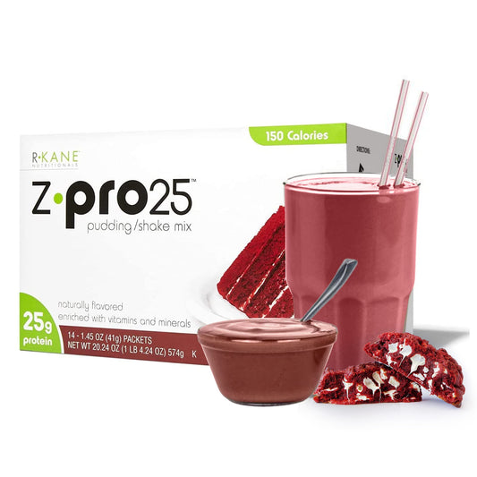R-Kane Nutritionals Z-Pro Red Velvet Protein Drink Mix - High Protein, Low Calorie Low Fat Shake and Pudding Mix- Meal Replacement, On-The-Go Packets - Breakfast Boost - 25g Protein - 14 Packets