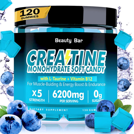 Beauty Bar Creatine Monohydrate Gummies,6200mg for Men & Women-120 Gummies,Sugar Free Chewable Creatine Monohydrate for Muscle Strength,Energy Boost,Blueberry Flavor
