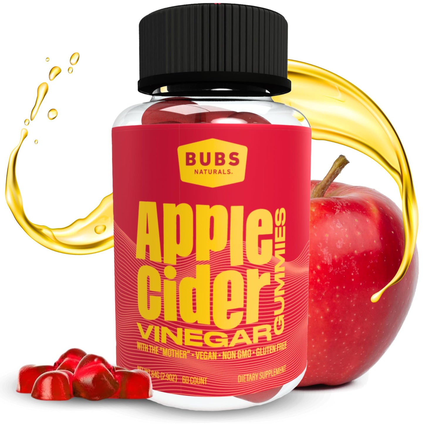 BUBS Naturals Apple Cider Vinegar Gummies with The Mother, All Natural Vegan ACV Gummy Vitamins, Supports Detox, Digestion & Energy Booster with B Vitamins, 60 Count