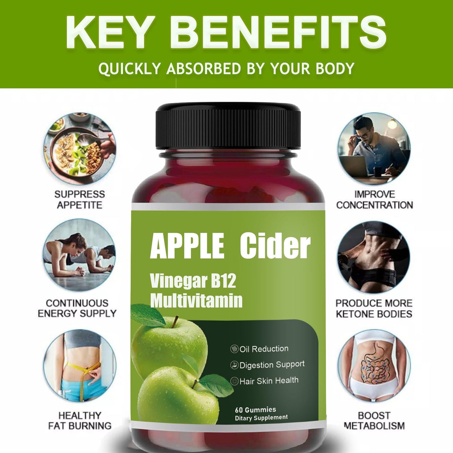 Apple Cider Gummy-Apple Cider Vinegar B12 Multivitamin, Natural Apple Cider Vinegar Gummies - Vinagre de Sidra de Manzana Gomitas - Vegan & Gluten-Free - 60 Gummies (1)
