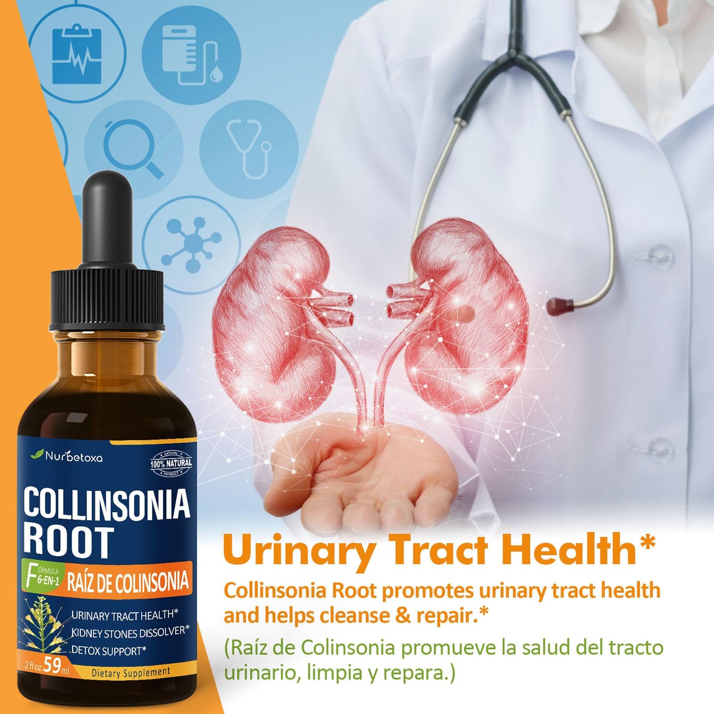Nurbetoxa Collinsonia (Stone Root) Drops for Urinary Tract Health, Natural Herbal Formula Supplement w/Stone Breaker Chanca Piedra Extract Support Kidney Stones Dissolver & Detox Cleanse. 2oz